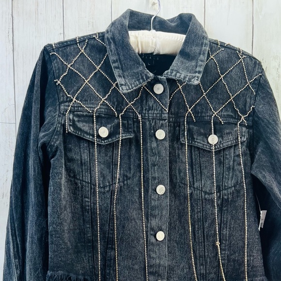 Thrill Jeans Y2K Women's Dark Gray Rhinestone Tassels Cropped Denim Jacket Large - Picture 4 of 15
